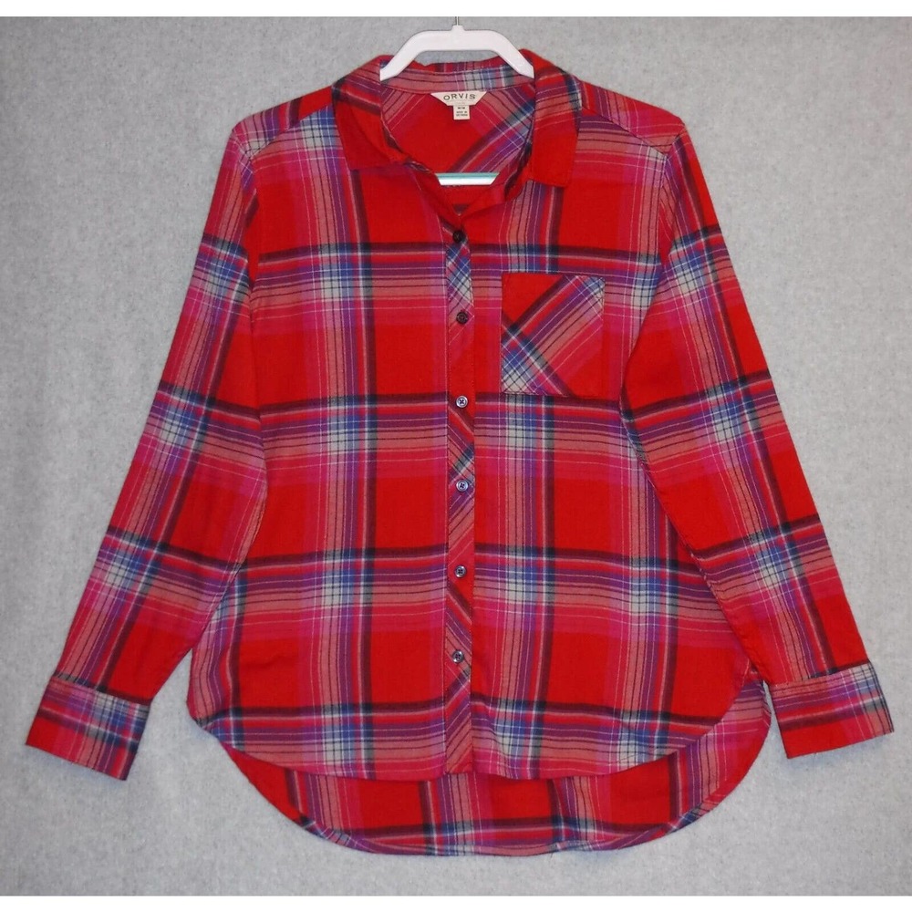 Womans Orvis Lightweight Flannel Style Button Up Orange, Blue Plaid Size Medium